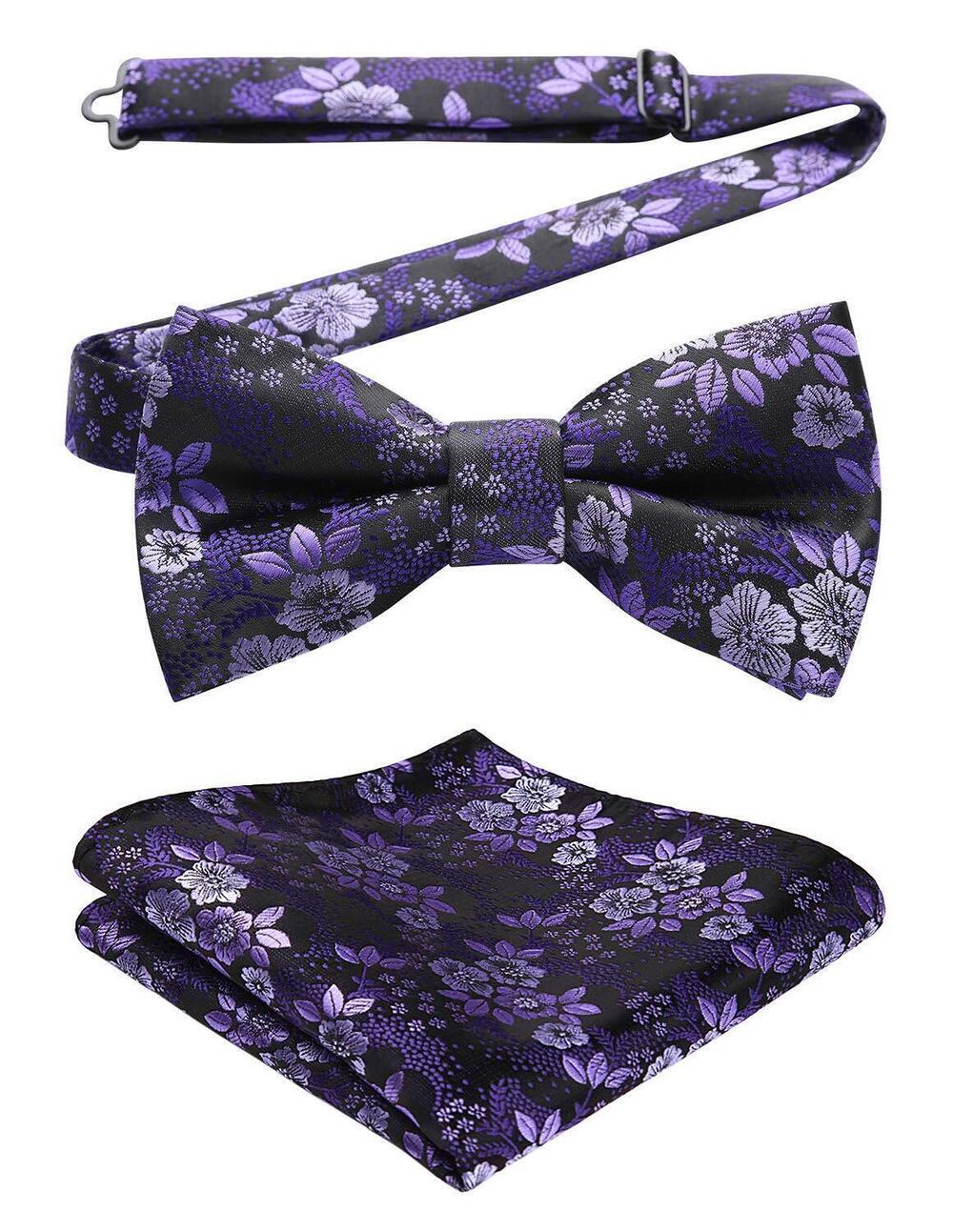 5572 Bow Ties Purple Bow Tie Pre-tied Floral Bow Ties and Pocket Square Set